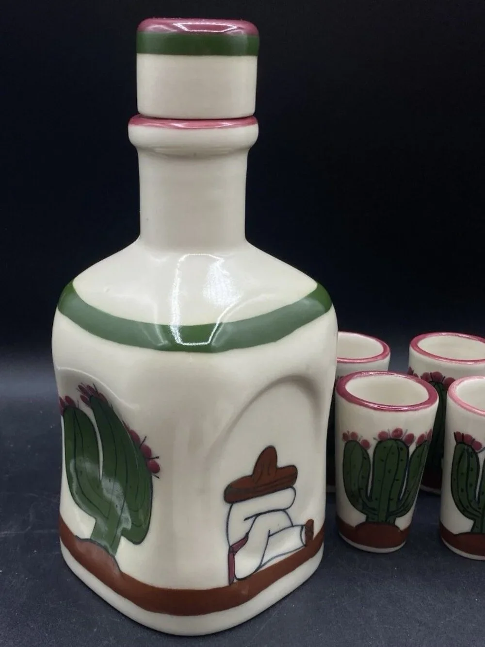 LM Mexico Tequila Sombrero Cactus Set Shot Glasses Salt Shaker Tray Vitrified ￼